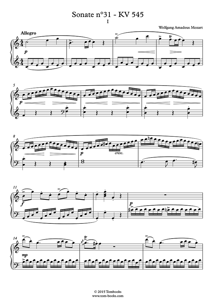 ピアノ・ソナタ 第16番 ハ長調 K.545〜第1楽章：アレグロ (モーツァルト) ピアノ 楽譜