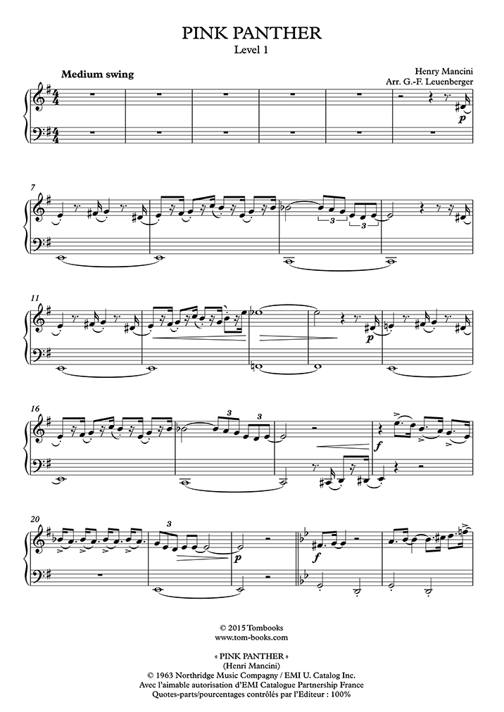 Chicle profundidad leopardo La Pantera Rosa (Nivel Fácil/Nivel Intermedio) (Mancini) - Partitura Piano
