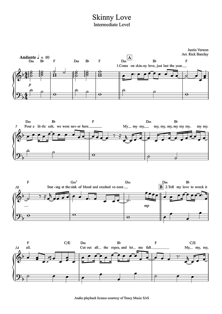 paso Ventana mundial flotador Skinny Love (Intermediate Level) (Birdy) - Partitura Piano