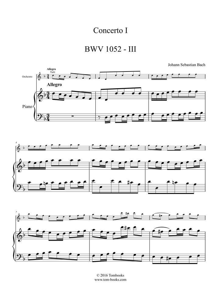 Ambiguo espada Patatas concierto n.° 1 en Re menor, BWV 1052 - III. Allegro (Bach) - Partitura  Piano