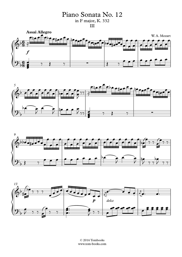 Quagga patio de recreo milagro Sonata No. 12 in F major, K. 332 – III. Allegro assai (Mozart) - Partitura  Piano