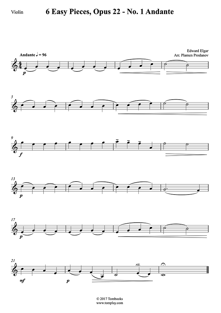 6 Easy Opus – No. 1 Andante (Elgar) - Violin Sheet Music