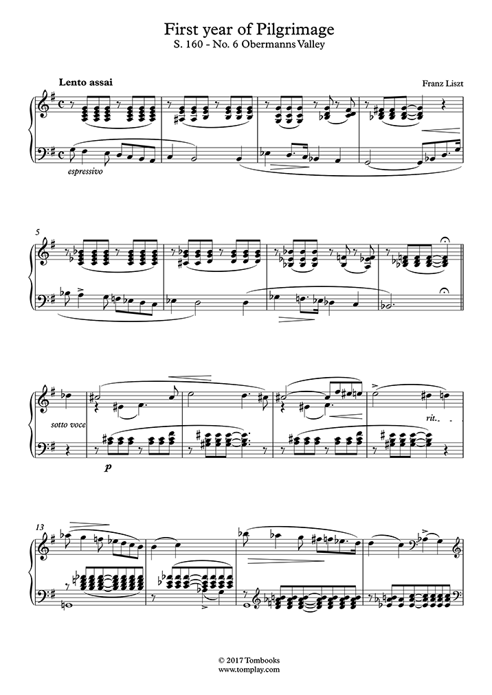 巡礼の年 第1年「スイス」〜第6曲：オーベルマンの谷 (リスト) - ピアノ 楽譜