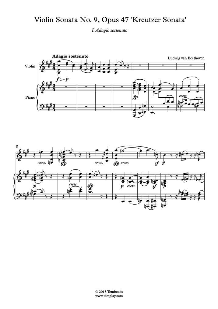 Violin Sonata 9 in A major, Opus 47 'Kreutzer – I. Adagio sostenuto. Presto (Beethoven) - Violin Sheet
