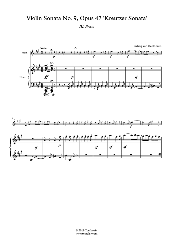 ヴァイオリン・ソナタ第9番　Op.47「クロイツェル」〜第3楽章：プレスト　イ長調　(ベートーヴェン)　ピアノ　楽譜