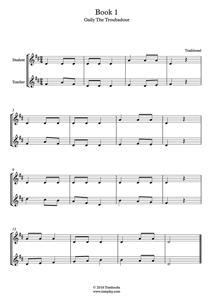 Gaily the Troubadour (teacherstudent) (Traditional) Violin Sheet Music