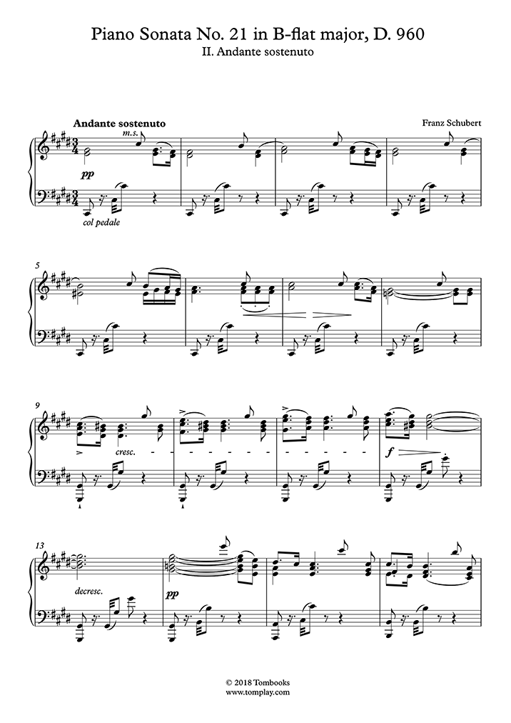 Por encima de la cabeza y el hombro Aeródromo Capilla Piano Sonata No. 21 in B-flat major, D. 960 – II. Andante sostenuto ( Schubert) - Partitura Piano