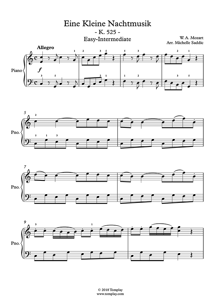 Une Petite Musique de Nuit, K. 525 - I. Allegro (niveau  facile/intermédiaire) (Mozart) - Partition Piano