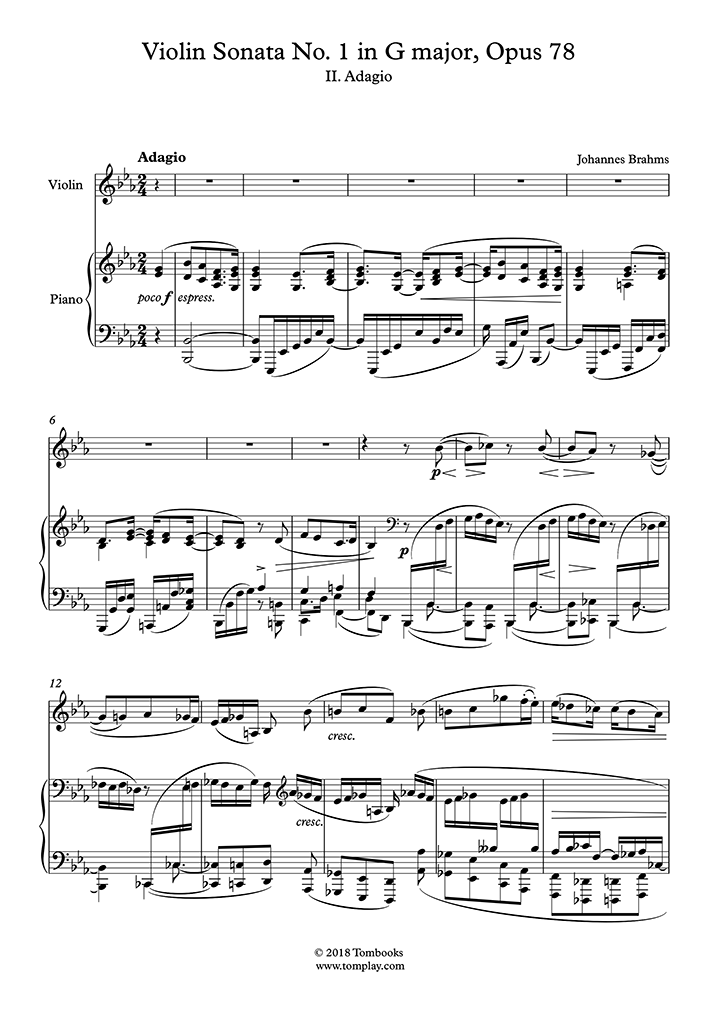Violin No. 1 in major, Opus 78 - II. (Brahms) - Sheet Music