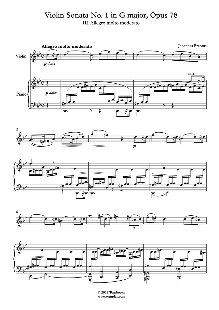 Violin No. 1 in G major, Opus 78 III. Allegro molto moderato ( Brahms) - Violin Sheet Music