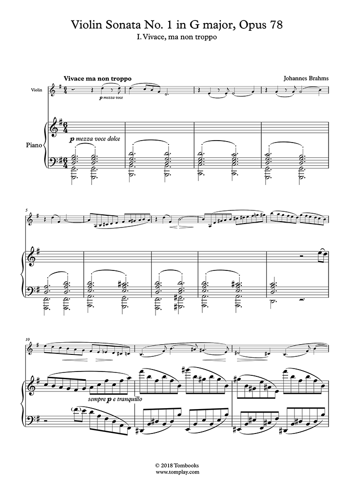 ト長調　「雨の歌」Op.78〜第1楽章：ヴィヴァーチェ・マ・ノン・トロッポ　ヴァイオリン・ソナタ　第1番　楽譜　(ブラームス)　ピアノ
