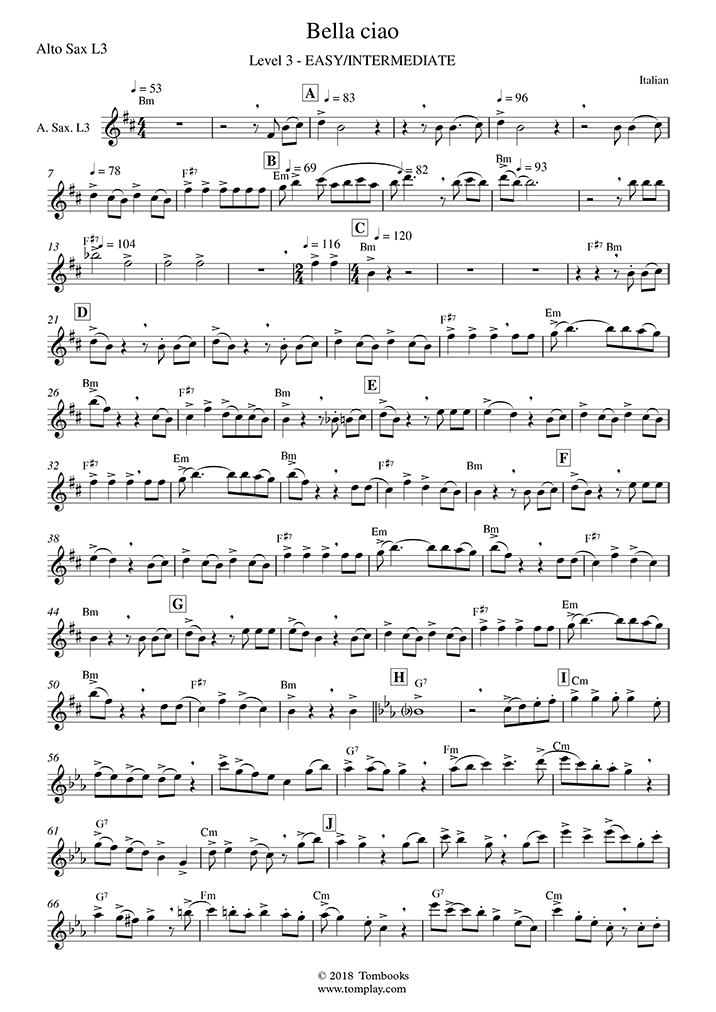 La Casa de Papel - Bella Ciao (niveau facile/intermédiaire, sax alto)  (Traditionnel) - Partition Saxophone