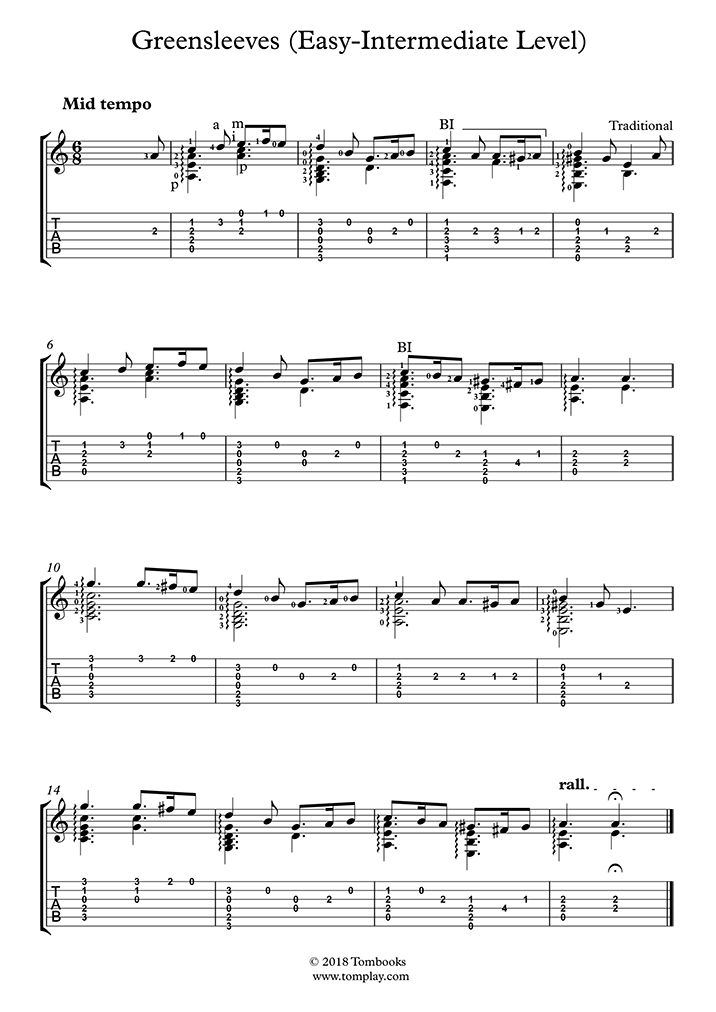 (Easy/Intermediate Level, Solo (Traditional) - Guitar Tabs and Sheet Music
