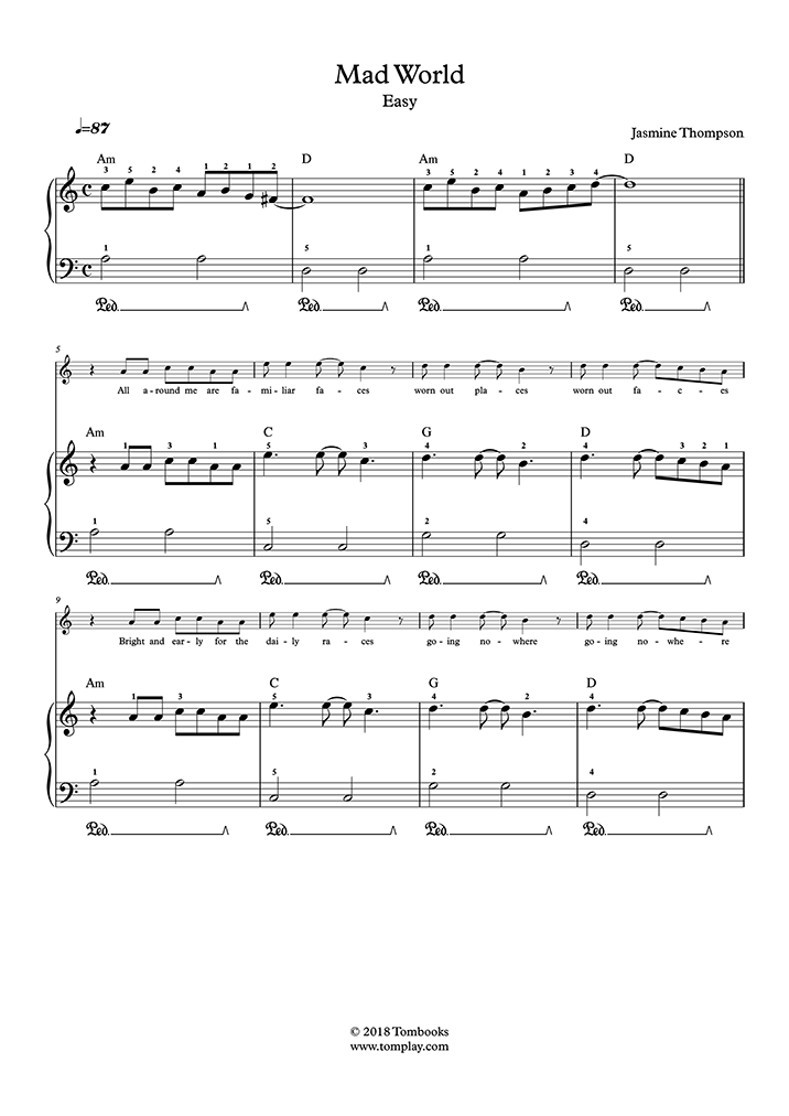 Mad World (Easy Level, Solo Piano) (Thompson) - Piano Sheet Music