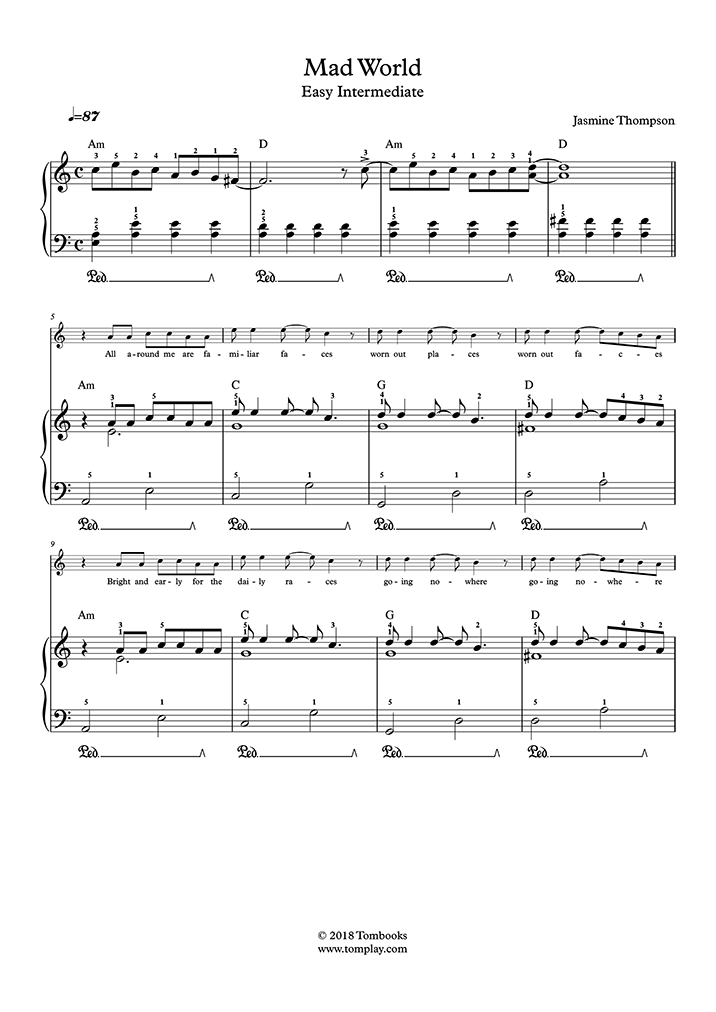 Mad World (Easy Level, Solo Piano) (Thompson) - Piano Sheet Music
