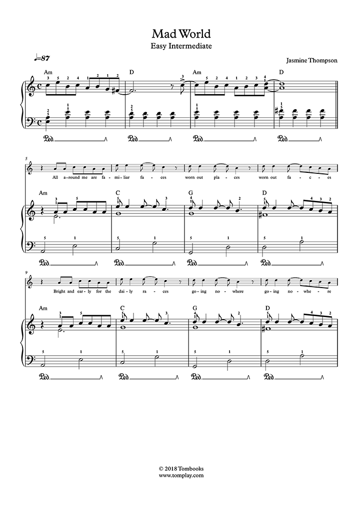 Tears For Fears: Mad World sheet music for piano solo (PDF)