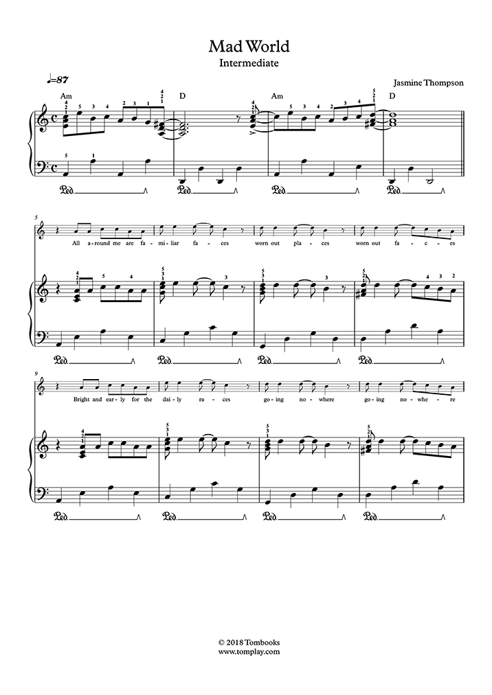 Mad World (Easy Level, Solo Piano) (Thompson) - Piano Sheet Music