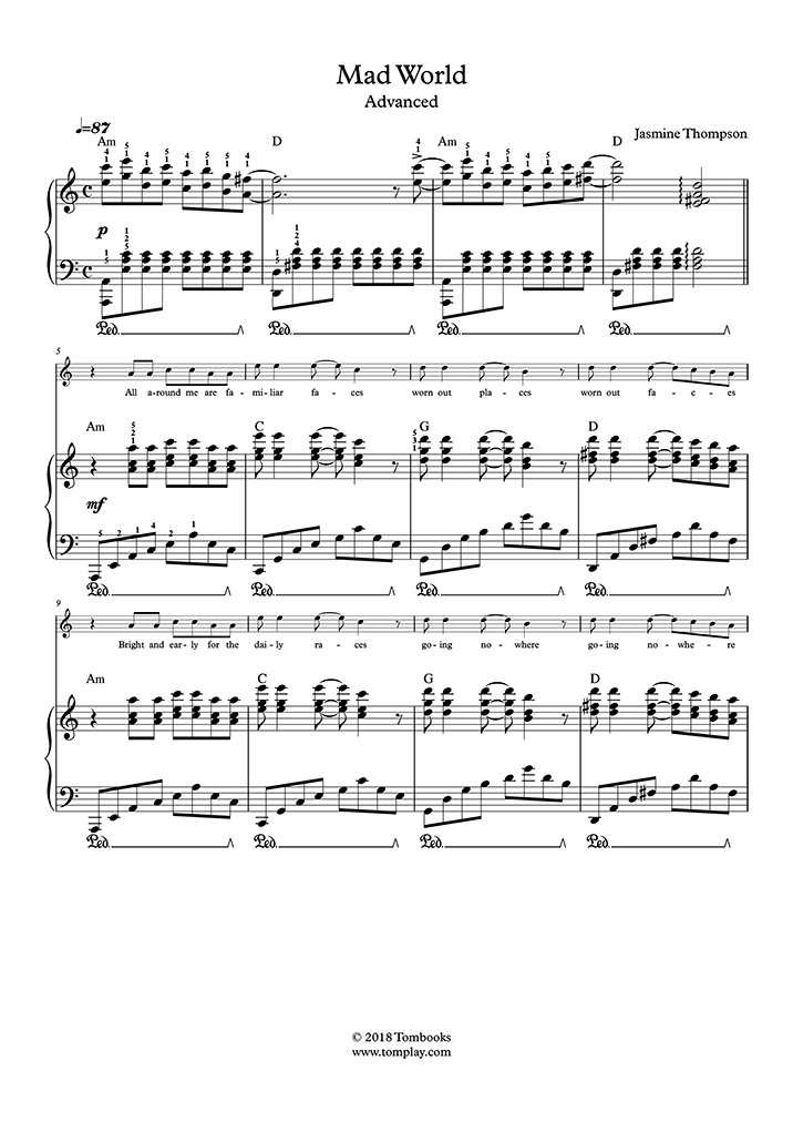 Mad World (Easy Level, Solo Piano) (Thompson) - Piano Sheet Music