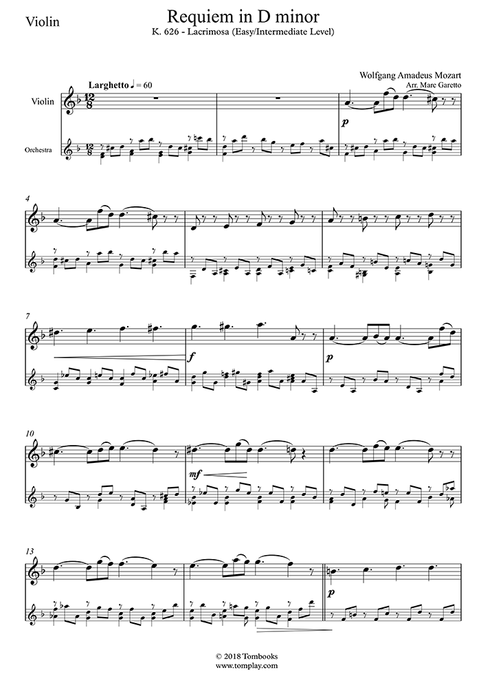 D minor, K. 626 - Lacrimosa (Easy/Intermediate (Mozart) - Violin Music