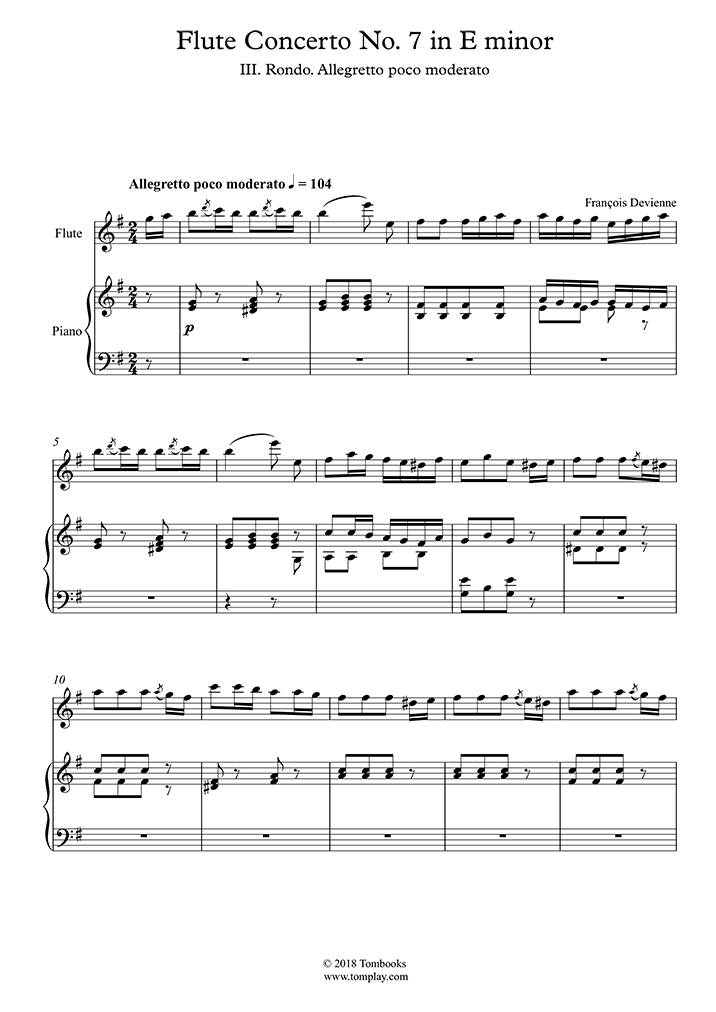 ドヴィエンヌ：フルート協奏曲第７番ホ短調　フルートとピアノ