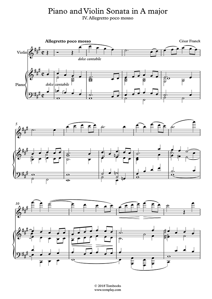 Piano and Violin Sonata in A major - IV. Allegretto poco mosso - Violin Sheet Music