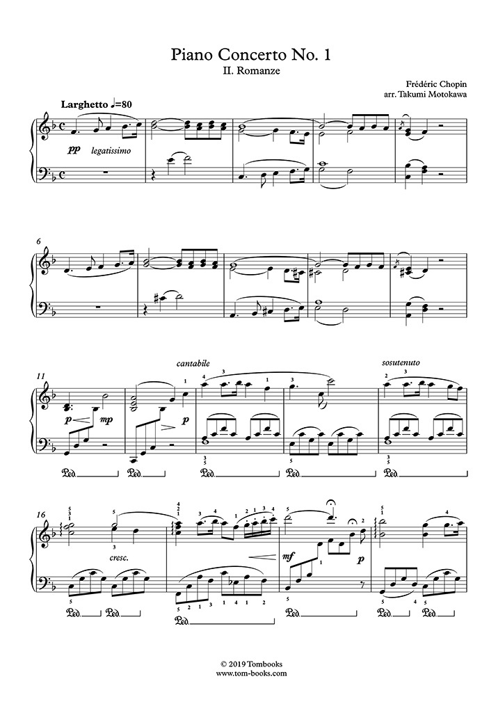 ホ短調　Op.11〜第2楽章：ロマンス、ラルゲット（中級、ピアノ）　第1番　ピアノ協奏曲　楽譜　(ショパン)　ピアノ