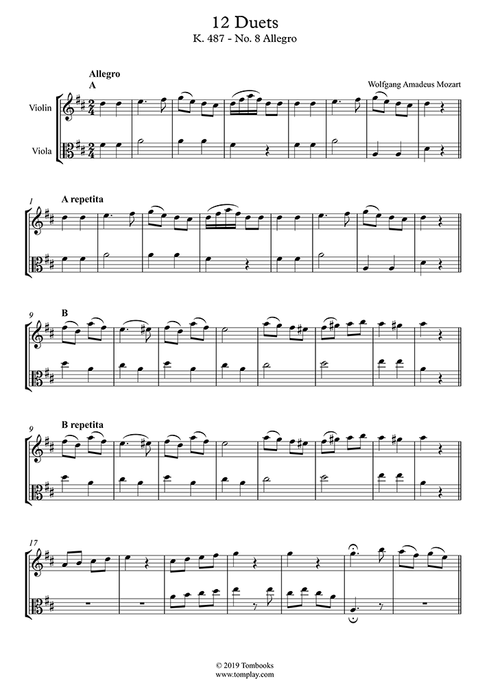 átomo Pastor Dónde 12 Dúos, K. 487 - n.° 8 Allegro (Mozart) - Partitura Violín