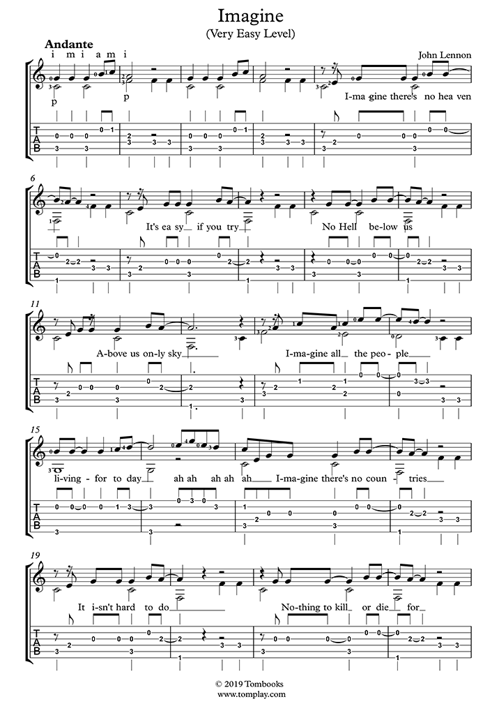 Imagine Very Easy Level With Band John Lennon Guitar Tabs And Sheet Music