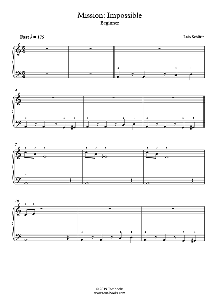 beneficio cuenca Posicionar Mission: Impossible - Theme (Beginner Level, with Orchestra) (Schifrin) - Piano  Sheet Music