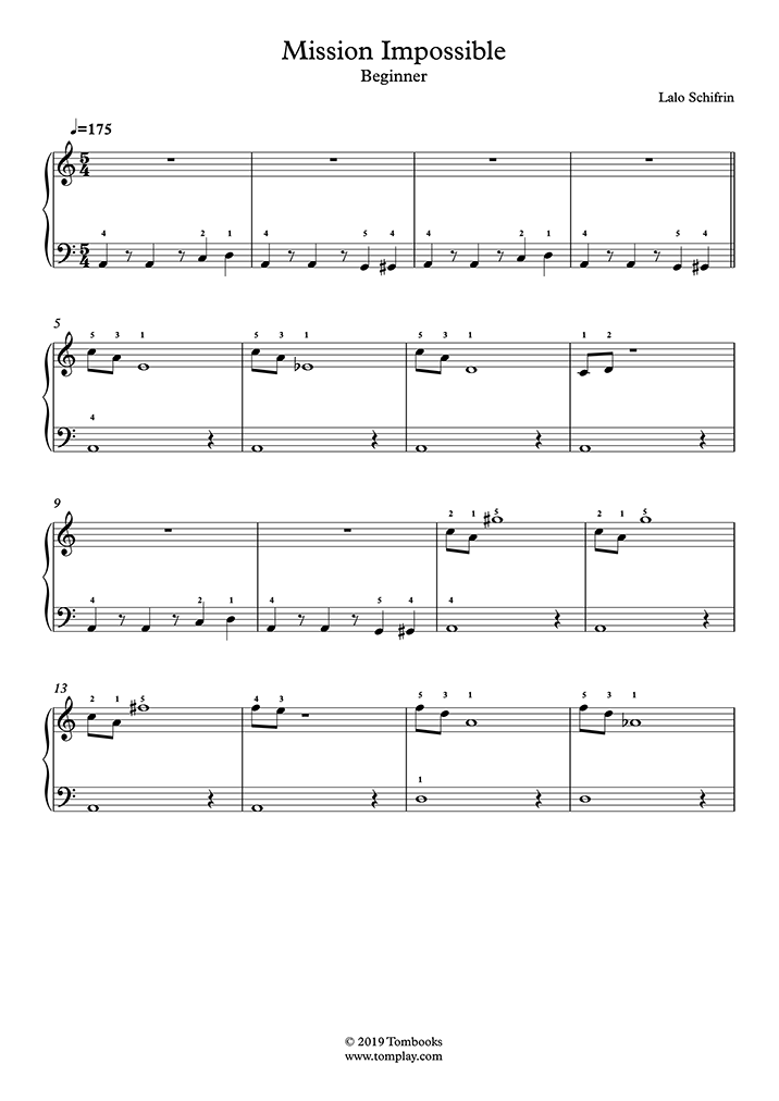 Describir esqueleto Posicionamiento en buscadores Mission: Impossible - Theme (Beginner Level, Solo Piano) (Schifrin) - Piano  Sheet Music