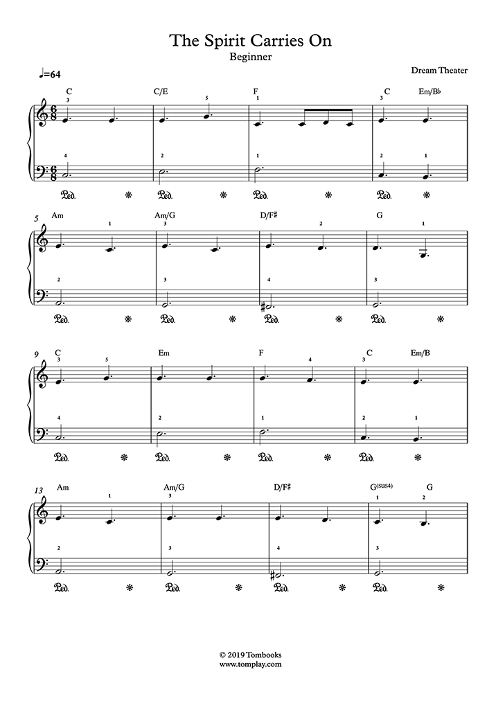 latín cuchara paleta The Spirit Carries On (Beginner Level, Solo Piano) (Dream Theater) - Piano  Sheet Music