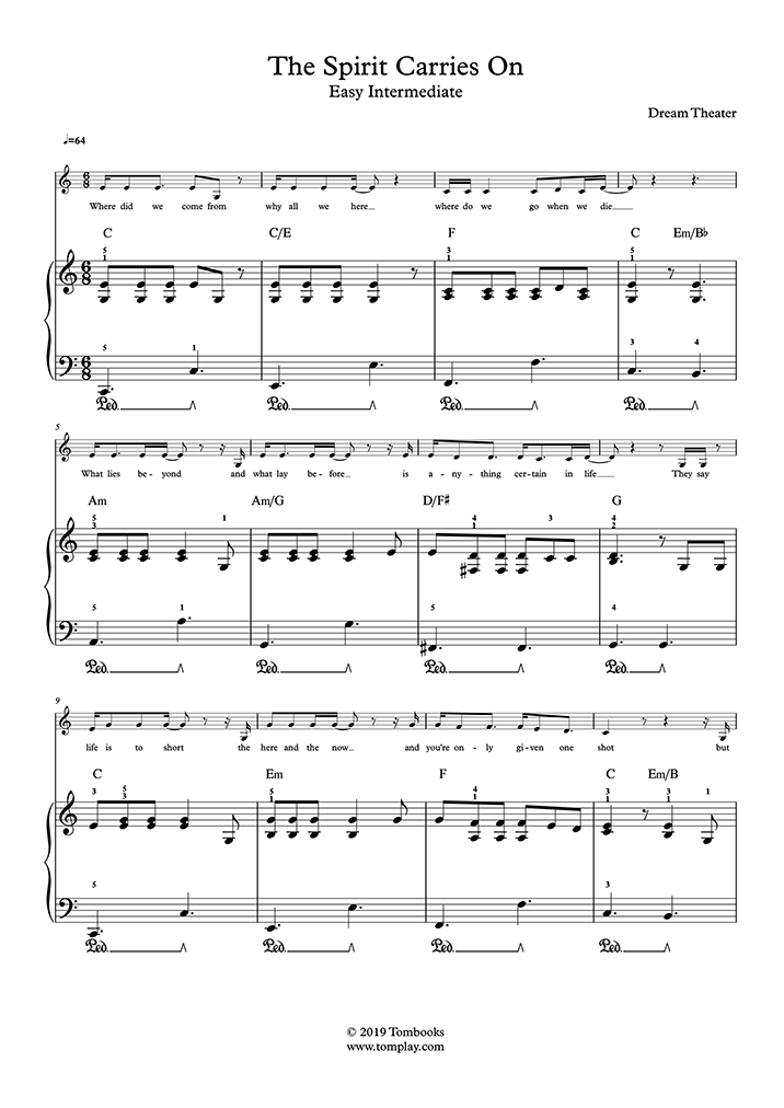 oportunidad Pavimentación America The Spirit Carries On (Nivel Fácil/Intermedio, Piano Solo) (Dream Theater)  - Partitura Piano