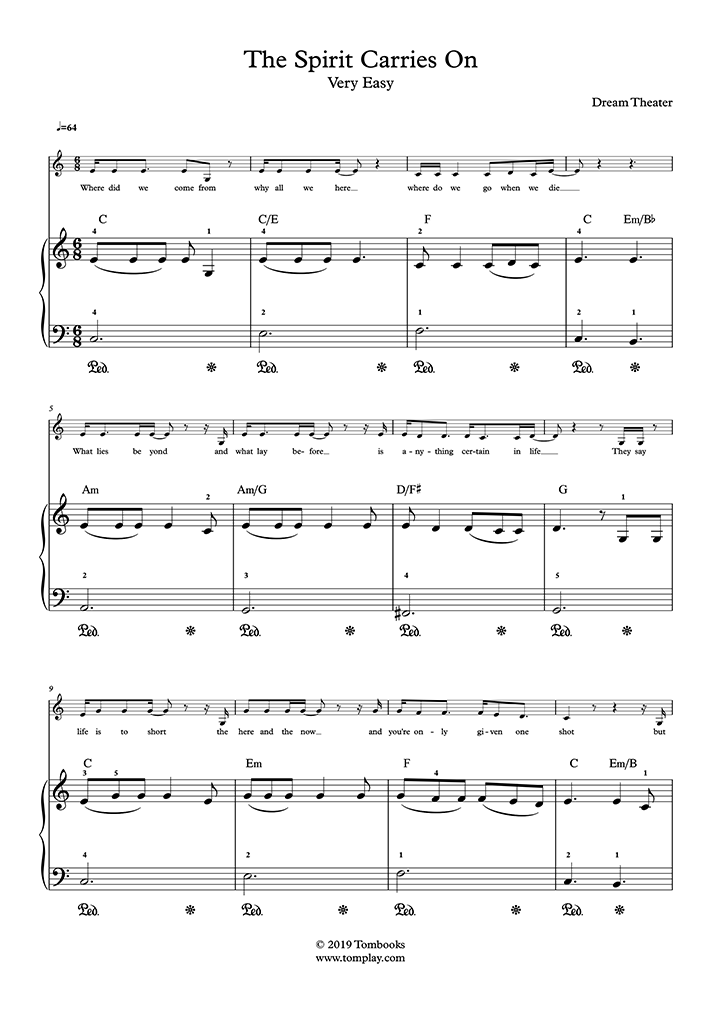 maduro Exactitud alegría The Spirit Carries On (Nivel Muy Fácil, Piano Solo) (Dream Theater) -  Partitura Piano