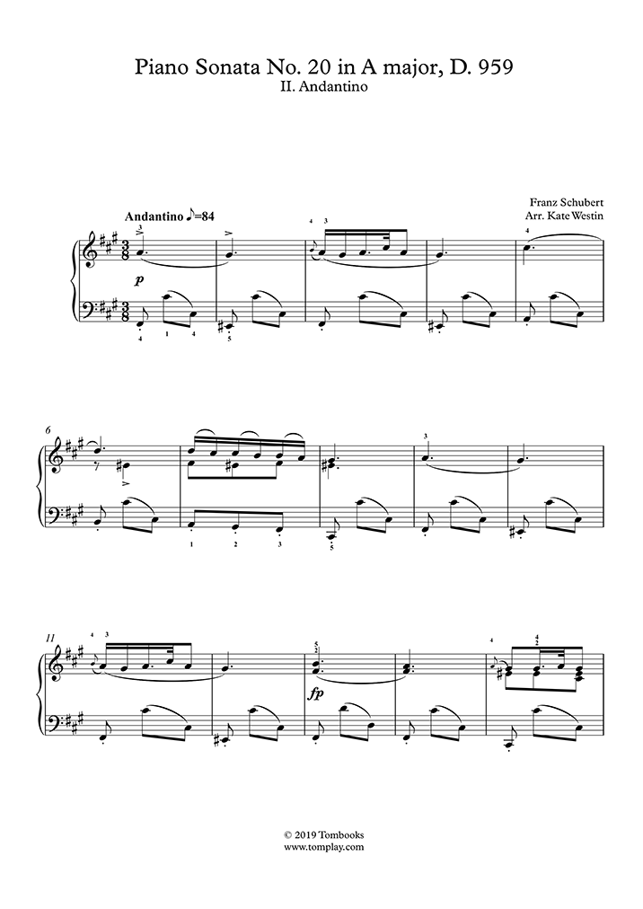 crecimiento Mayordomo Soberano Piano Sonata No. 20 in A major, D. 959 – II. Andantino (Advanced Level) ( Schubert) - Partitura Piano