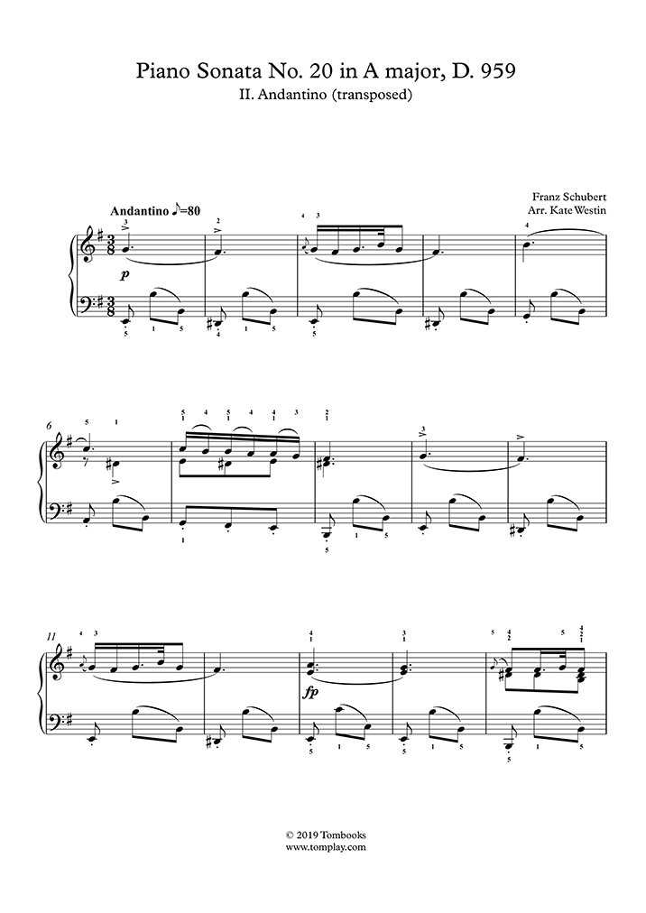 Contra la voluntad llegar Llave Piano Sonata No. 20 in A major, D. 959 – II. Andantino  (Intermediate/Advanced Level) (Schubert) - Partitura Piano