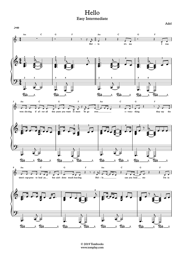 Carrera Humedad para mi Hello (Easy/Intermediate Level, Solo Piano) (Adele) - Partitura Piano