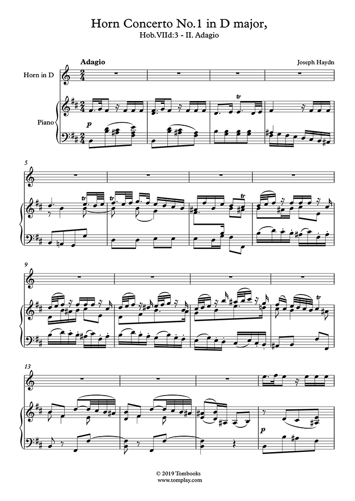Adagio　ホルン協奏曲　フレンチホルン　(ハイドン)　第2番　II.　ニ長調　楽譜