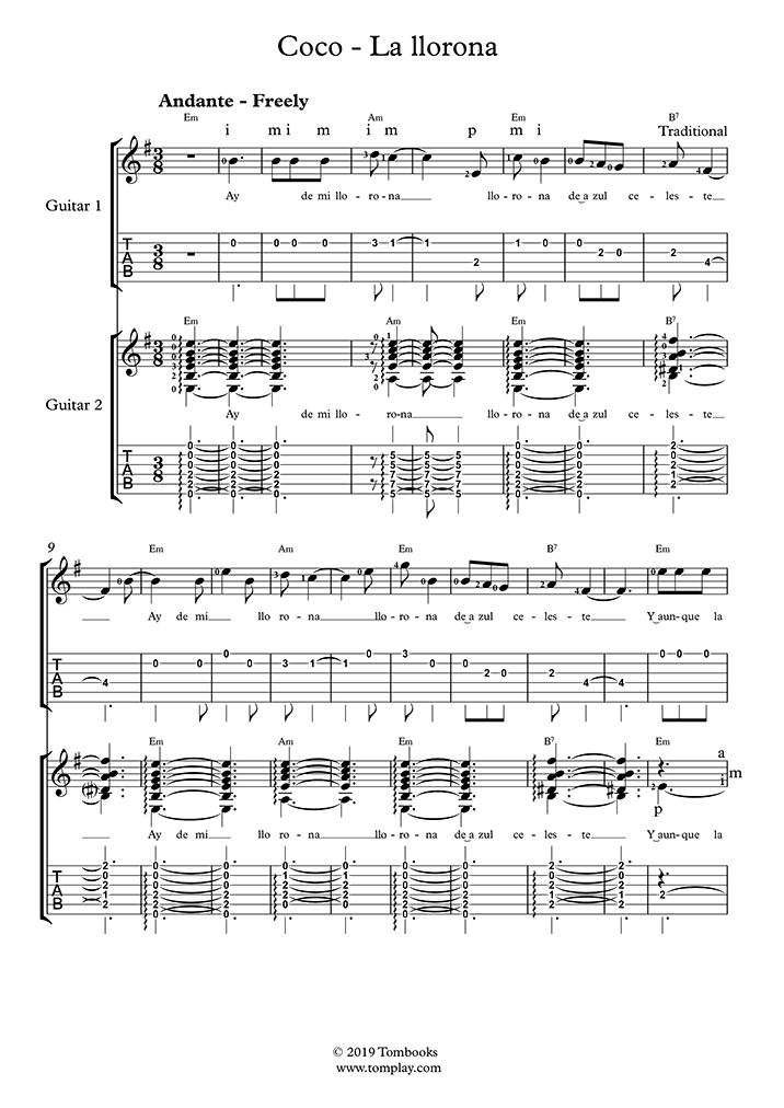 guión cortina Descompostura Coco - La Llorona (Nivel Fácil, Dúo) (Traditional) - Tablaturas y Partitura  Guitarra