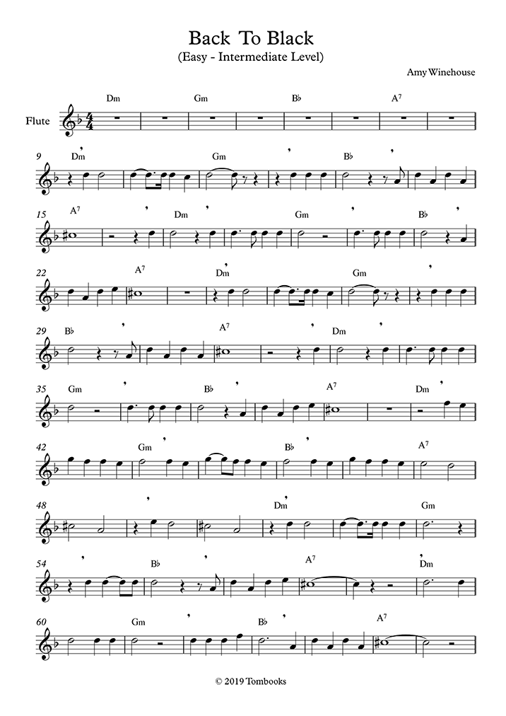 Back to Black (Easy/Intermediate Level) (Amy Winehouse) - Flute Sheet Music