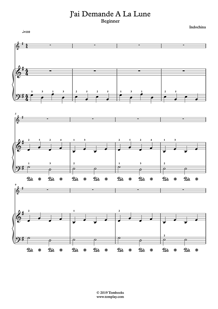 J'ai demandé à la lune (niveau débutant, piano solo) (Indochine) - Partition  Piano