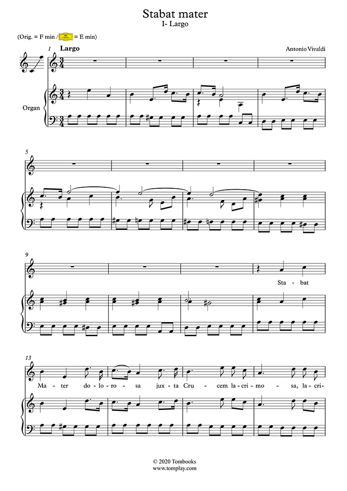 graan Perceptie ziek Stabat Mater, RV 621 - I. Stabat mater dolorosa - SOPRANO (Vivaldi) - Vocal Sheet  Music