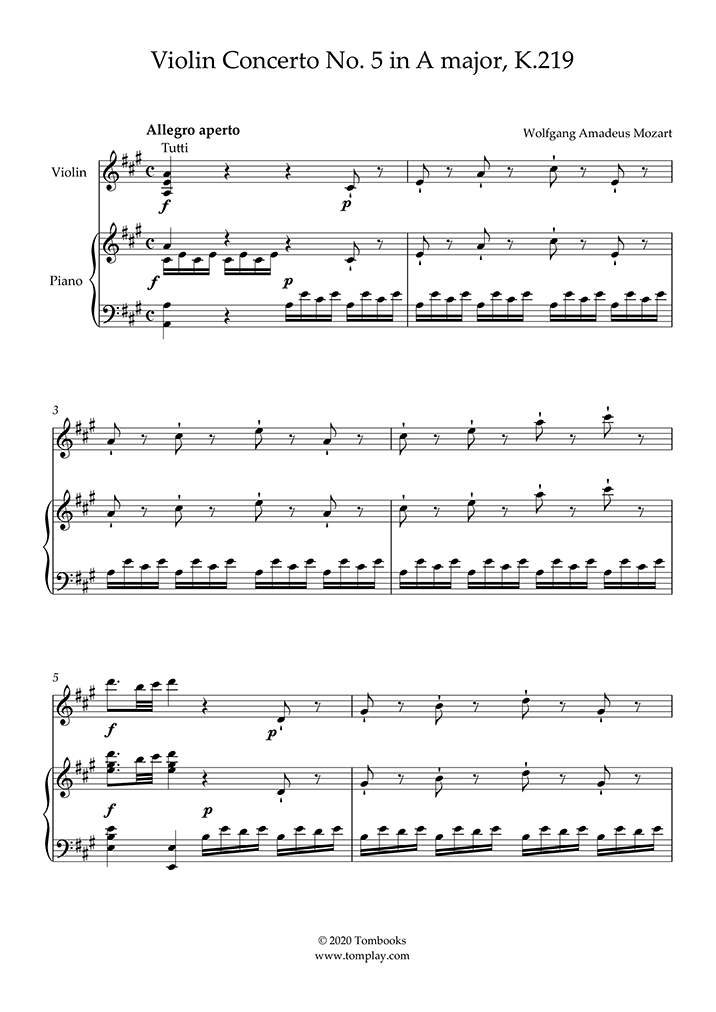 Concerto No. 5 in A Major, K.219 - I. Allegro aperto (Mozart) - Piano Sheet Music