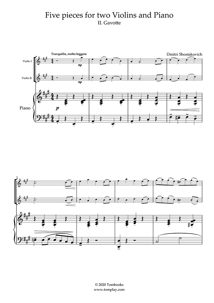 Og hold Fantastisk tragt Five pieces for two Violins and Piano - II. Gavotte (Shostakovich) - Piano  Sheet Music