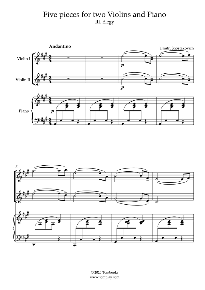mikrofon klodset binde Five pieces for two Violins and Piano - III. Elegy (Violin 2) (Shostakovich)  - Violin Sheet Music