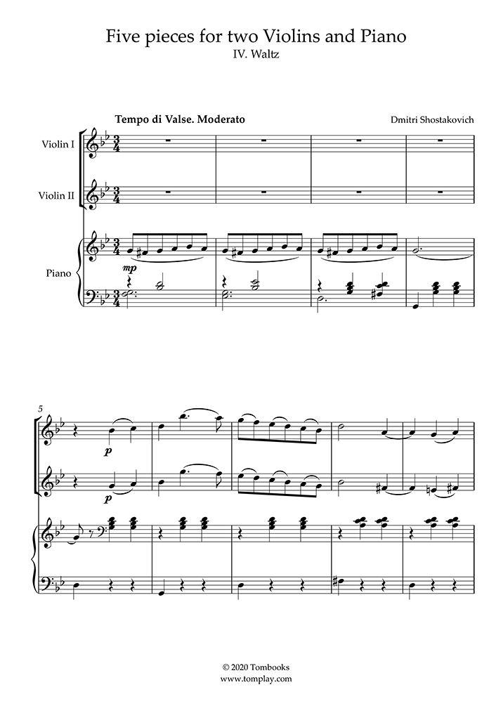 Precipice Stort univers amatør Five pieces for two Violins and Piano - IV. Waltz (Violin 2) (Shostakovich)  - Violin Sheet Music