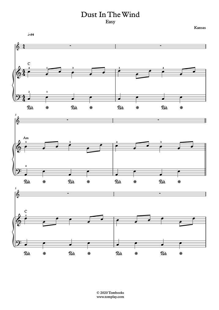 Genealogía concierto Calle principal Dust in the Wind (Nivel Fácil, Piano Solo) (Kansas) - Partitura Piano