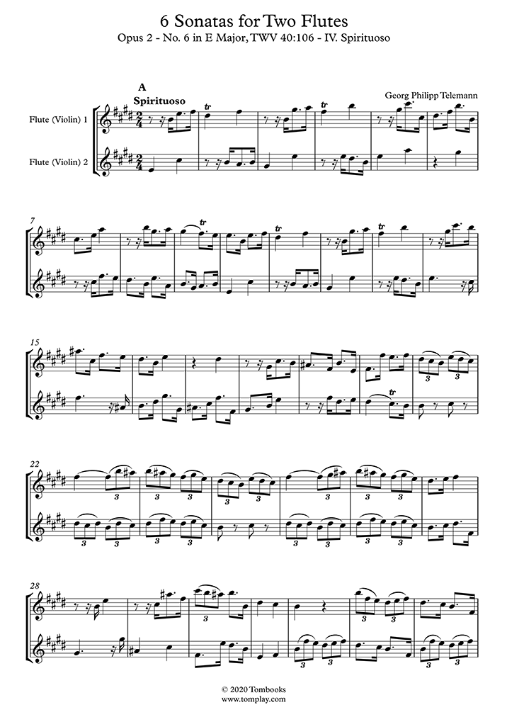 6 Sonatas For Two Flutes Opus 2 No 6 In E Major Twv 40106 Iv Spirituoso Violin 1 