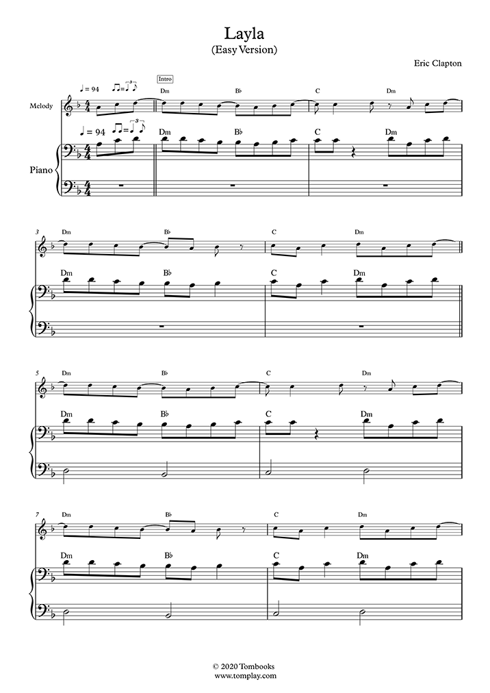 Silla tarifa oferta Layla (Easy Level, Solo Piano) (Eric Clapton) - Piano Sheet Music
