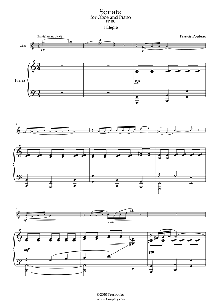 オーボエ・ソナタ FP 185〜第1楽章：悲歌 (プーランク) ピアノ 楽譜