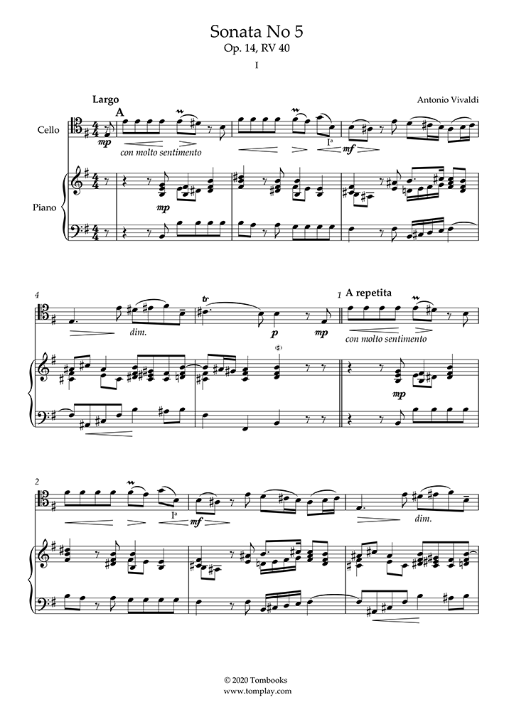 チェロ・ソナタ第5番 ホ短調 〜第1楽章：ラルゴ (ヴィヴァルディ) チェロ 楽譜